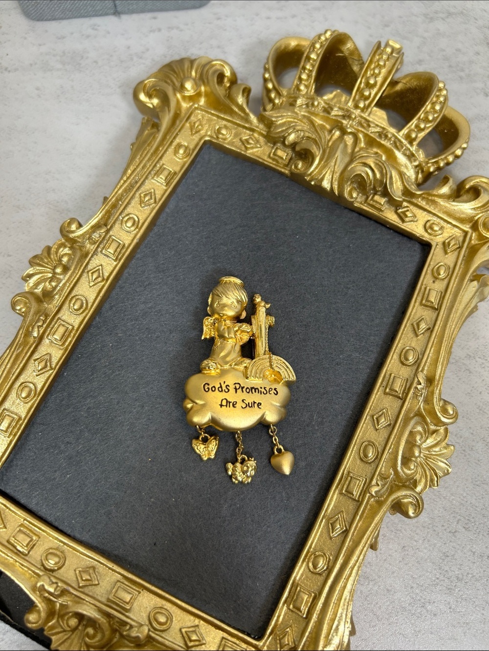 Precious Moments Gold Angel Pin with Dangling Heart Charms